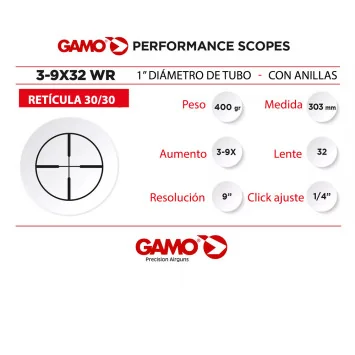 Ficha técnica del visor Gamo 3-9X32 WR con retícula 30/30 y anillas en Carril Outdoor.