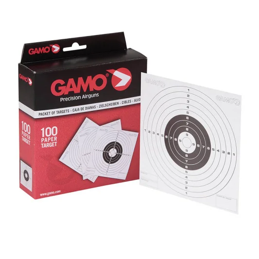 Dianas Gamo 100 Tarjetas de cartón 14 x 14 cm para practicar puntería en Carril Outdoor.