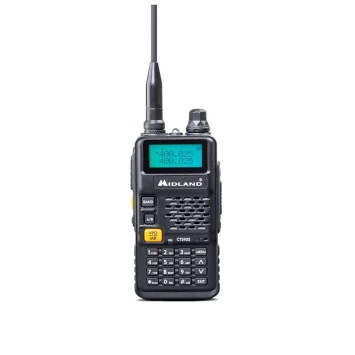 Vista frontal del walkie talkie Midland CT-590S Dual Band UHF/VHF con pantalla encendida
