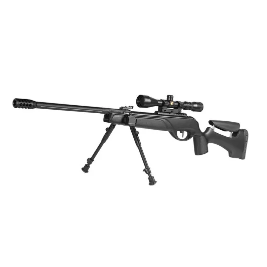 Carabina GAMO HPA Storm con visor y bípode en vista lateral para tiro deportivo en Carril Outdoor.