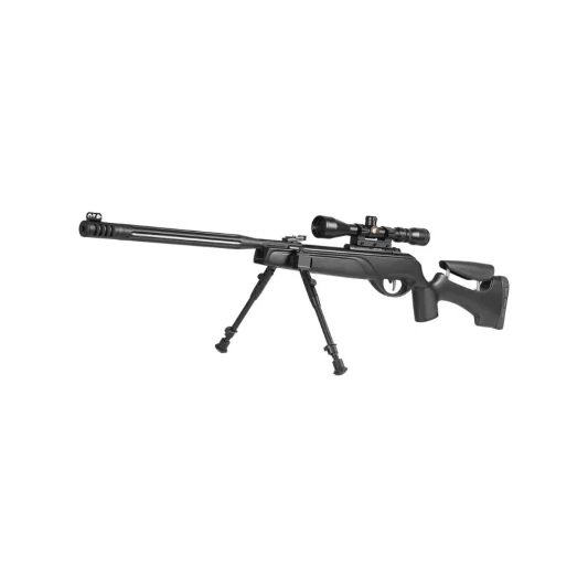 Carabina Gamo HPA MI IGT con visor, bípode desplegado, culata táctica y cañón Whisper Maxxim en Carril Outdoor.
