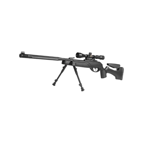 Carabina Gamo HPA MI IGT con visor, bípode desplegado, culata táctica y cañón Whisper Maxxim en Carril Outdoor.