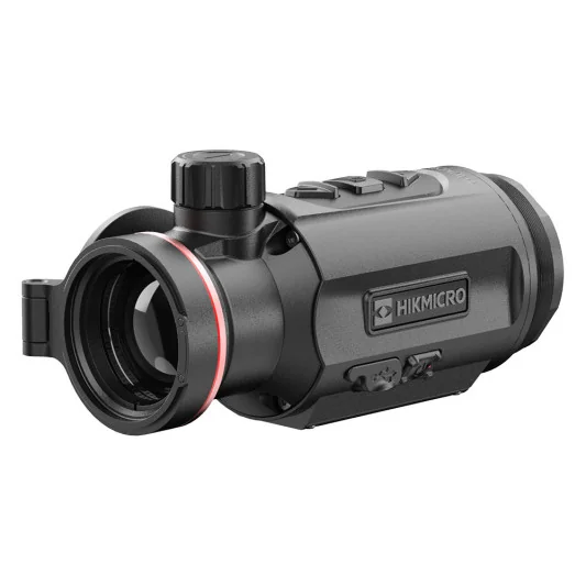 Clip-on térmico HIKMICRO Thunder TQ35C 3.0 en perspectiva lateral con logotipo HIKMICRO en Carril Outdoor