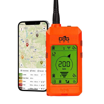 Mando Dogtrace X30-T con app móvil mostrando ubicación de perros