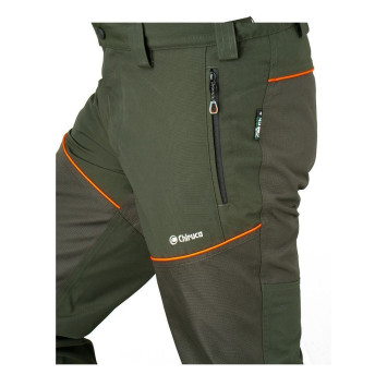 Pantalón Chiruca Ebbe CH+ verde con refuerzos ripstop y zonas de alta visibilidad, ideal para caza en monte cerrado