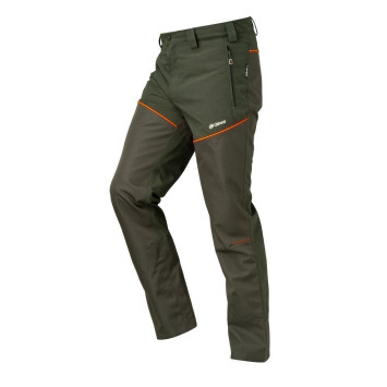 Pantalón Chiruca Ebbe CH+ verde con refuerzos ripstop y zonas de alta visibilidad, ideal para caza en monte cerrado