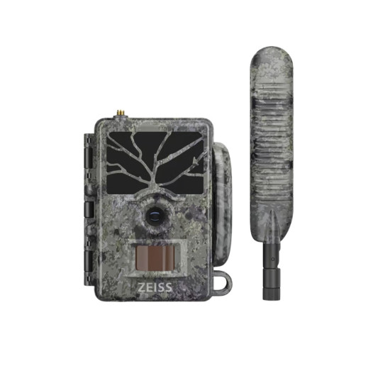 Cámara ZEISS Secacam 1 con diseño camuflado y antena 4G desmontable para vigilancia de fauna.