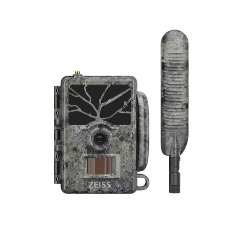 Cámara ZEISS Secacam 1 con diseño camuflado y antena 4G desmontable para vigilancia de fauna.