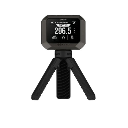 Cronógrafo Garmin Xero C2 mostrando datos de velocidad y estadísticas de tiro