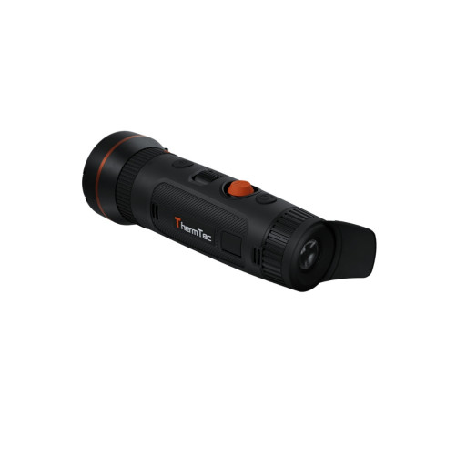 Vista isométrica del monocular térmico ThermTec Wild 650DL Pro con botones accesibles y diseño compacto para uso en exteriores.