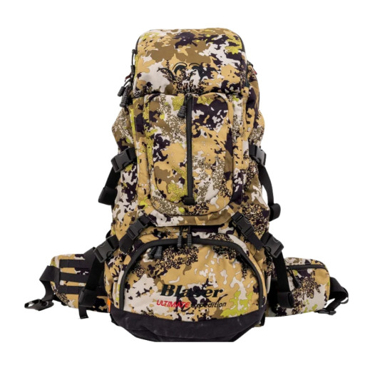Mochila Blaser Ultimate Expedition HunTec camuflaje frontal con múltiples bolsillos y cinturón lumbar técnico en Carril Outdoor.