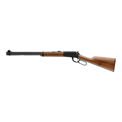 Rifle de palanca Winchester Ranger calibre 22LR vista lateral completa con cañón largo y culata de madera.