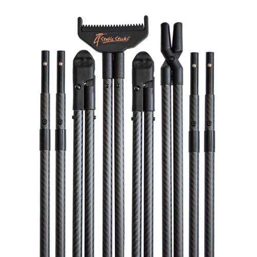 Apoyo de tiro 4StableSticks Ultimate Carbon desmontado en fibra de carbono sobre fondo claro