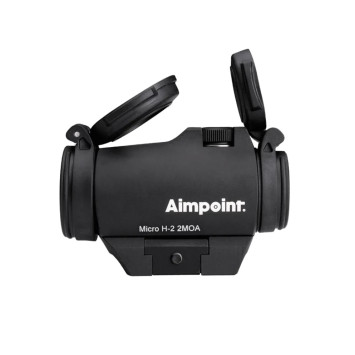 Mira punto rojo Aimpoint Micro H-2 2 MOA con tapas abatibles abiertas en Carril Outdoor