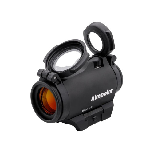 Mira punto rojo Aimpoint Micro H-2 2 MOA con tapas abatibles abiertas en Carril Outdoor