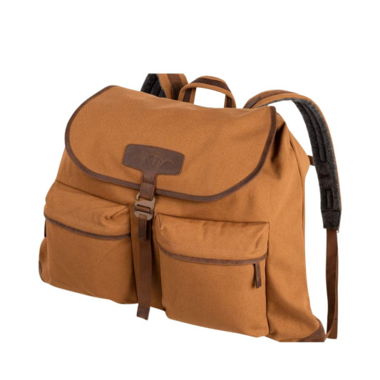 Mochila Blaser Canvas 35L marrón en lona de algodón y piel, con bolsillos delanteros y correas visibles en Carril Outdoor.