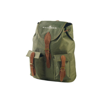 Mochila stinger de caza de lona verde con logo superior y cuero claro