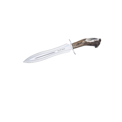 Cuchillo Muela BW-24S de remate con asta de ciervo, guarda inoxidable y funda de piel en Carril Outdoor.