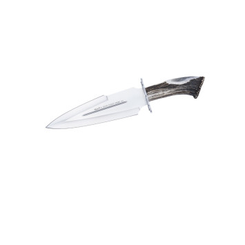 Cuchillo Muela DUQUE-25S de remate con asta de ciervo, guarda inox y funda de piel en Carril Outdoor.