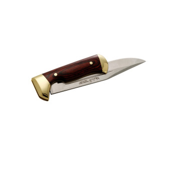 Detalle del cuchillo Muela PL-18R plegado con cachas de madera coral y acabados en latón en Carril Outdoor.