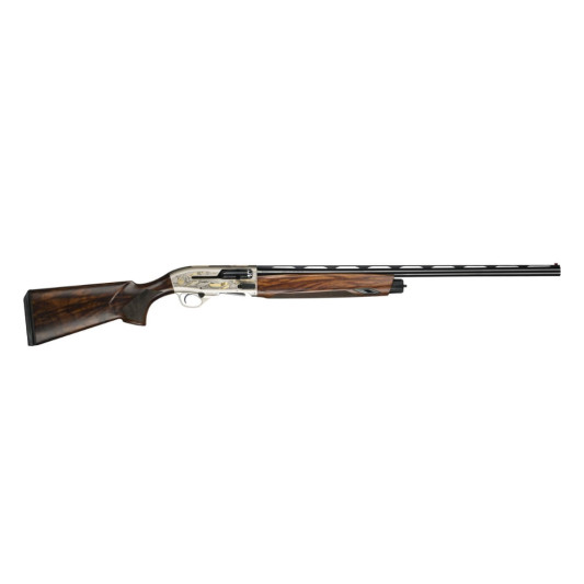 Vista completa de la escopeta semiautomática Beretta A400 500 Aniversario con culata de madera y cañón ventilado.