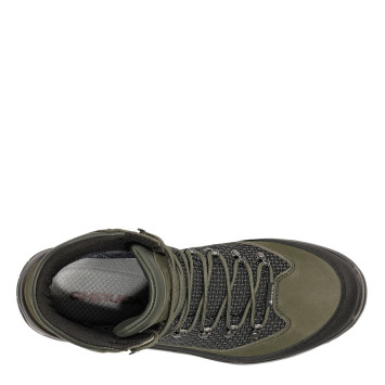 Vista superior de la bota Chiruca Atenea 01 verde con cordones, tejido técnico y puntera reforzada.