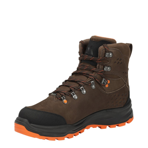 Bota de caza Chiruca Cedro Force Hi Vis 12 en vista frontal diagonal, con piel nobuck marrón, membrana Gore-Tex