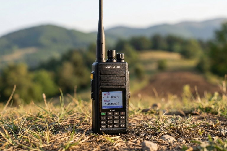 Radio CT990 EBR Midland en terreno abierto, lista para comunicación de largo alcance
