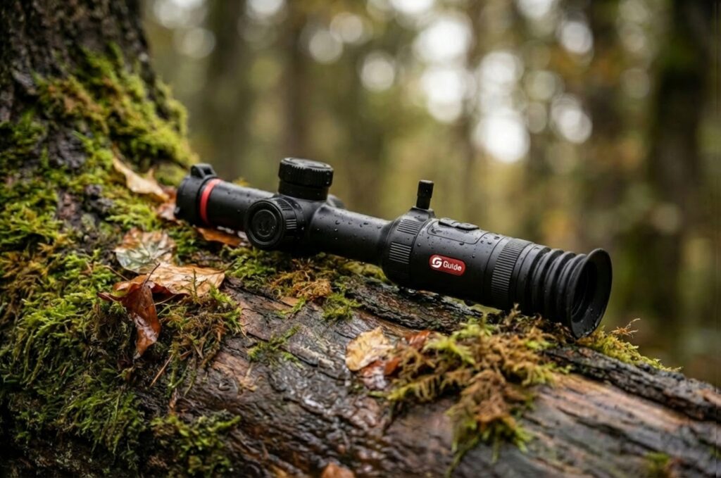 “Visor térmico Guide TU425SE 3.0 sobre un tronco húmedo en el bosque, con gotas de agua visibles, destacando su resistencia IP68 y diseño compacto para uso en exteriores.”