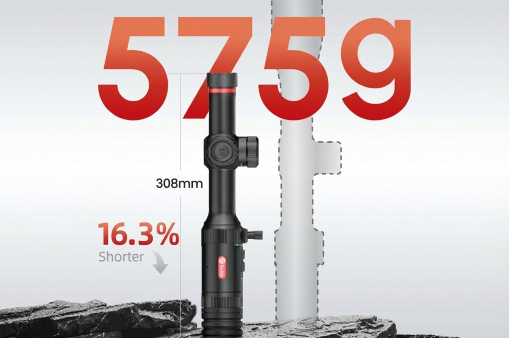 Comparativa del visor térmico Guide TU425SE mostrando su peso ligero (575 g) y tamaño compacto de 308 mm, 16.3% más corto que visores tradicionales.