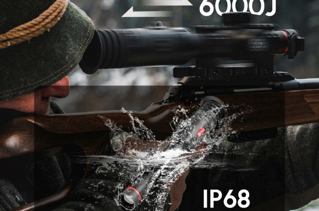 Visor Guide TU425SE montado en rifle durante cacería, destacando su resistencia IP68 y soporte de retroceso hasta 6000J.